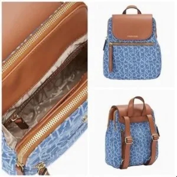 Calvin Klein Elaine Monogram Logo Denim & Brown Faux Leather Mini Backpack - Picture 14 of 14
